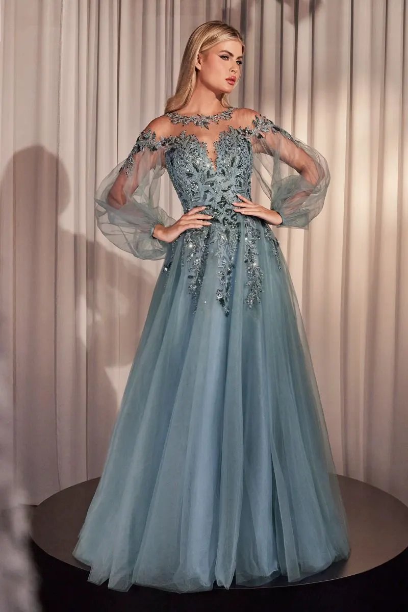 Long Sleeve A-Line Tulle & Lace Gown by Tux-USA