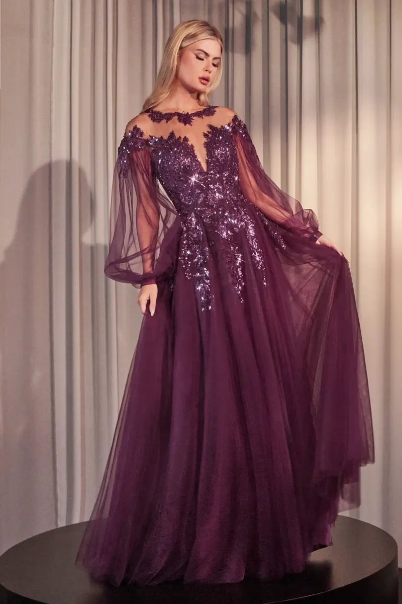 Long Sleeve A-Line Tulle & Lace Gown by Tux-USA
