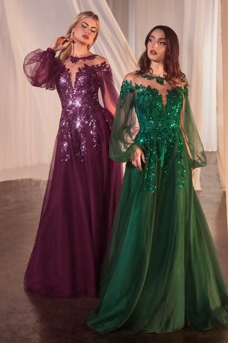Long Sleeve A-Line Tulle & Lace Gown by Tux-USA