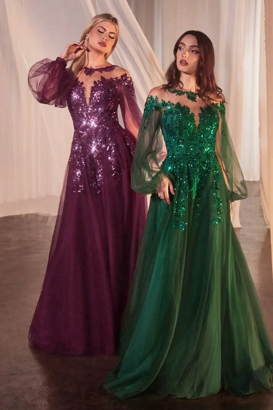 Long Sleeve A-Line Tulle & Lace Gown by Tux-USA