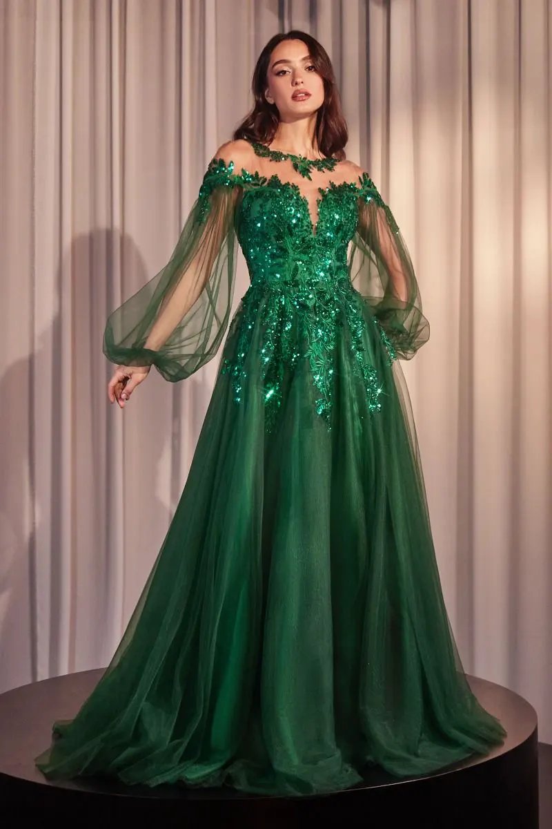 Long Sleeve A-Line Tulle & Lace Gown by Tux-USA