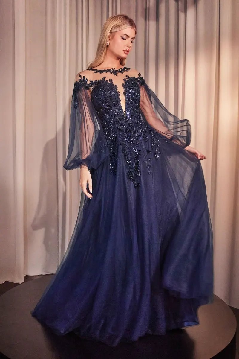 Long Sleeve A-Line Tulle & Lace Gown by Tux-USA
