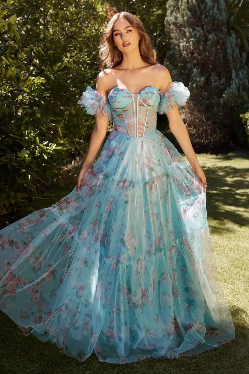 Ball Gown Off Shoulder Floral Print Tulle A Line Formal Dress Blue by Tux-USA