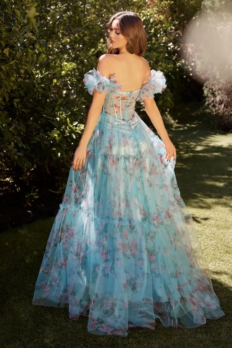 Ball Gown Off Shoulder Floral Print Tulle A Line Formal Dress Blue by Tux-USA