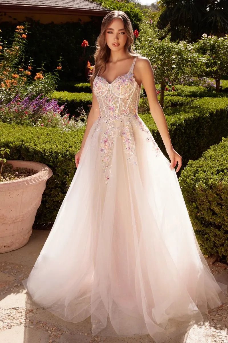 White A-Line Dress With Multi Colored Floral Embellishment by Tux-USA