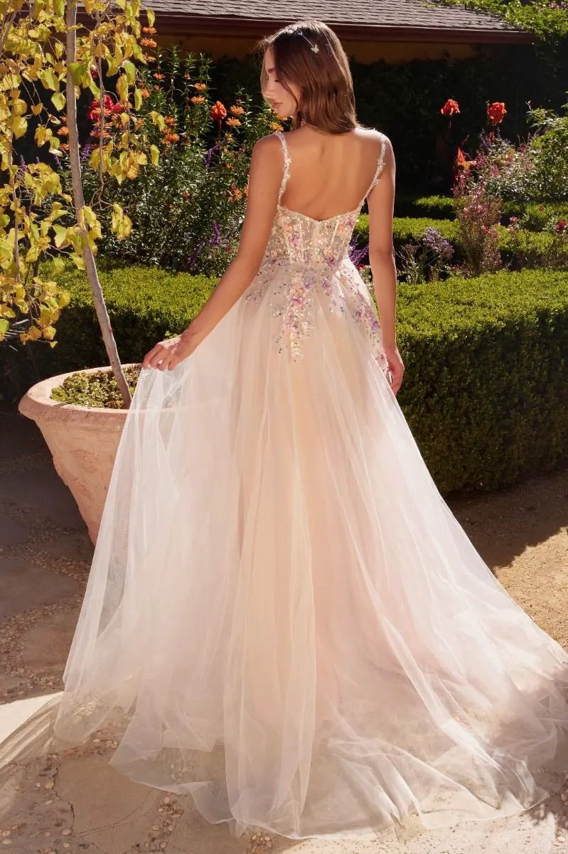 White A-Line Dress With Multi Colored Floral Embellishment by Tux-USA