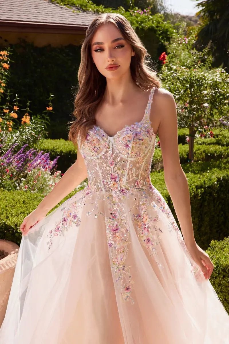 White A-Line Dress With Multi Colored Floral Embellishment by Tux-USA