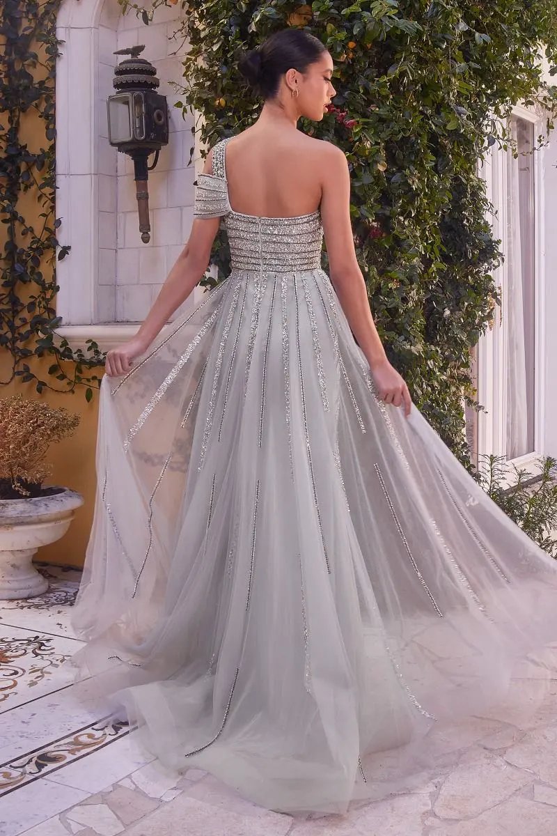 One Shoulder Silver Beaded Gown by Tux-USA
