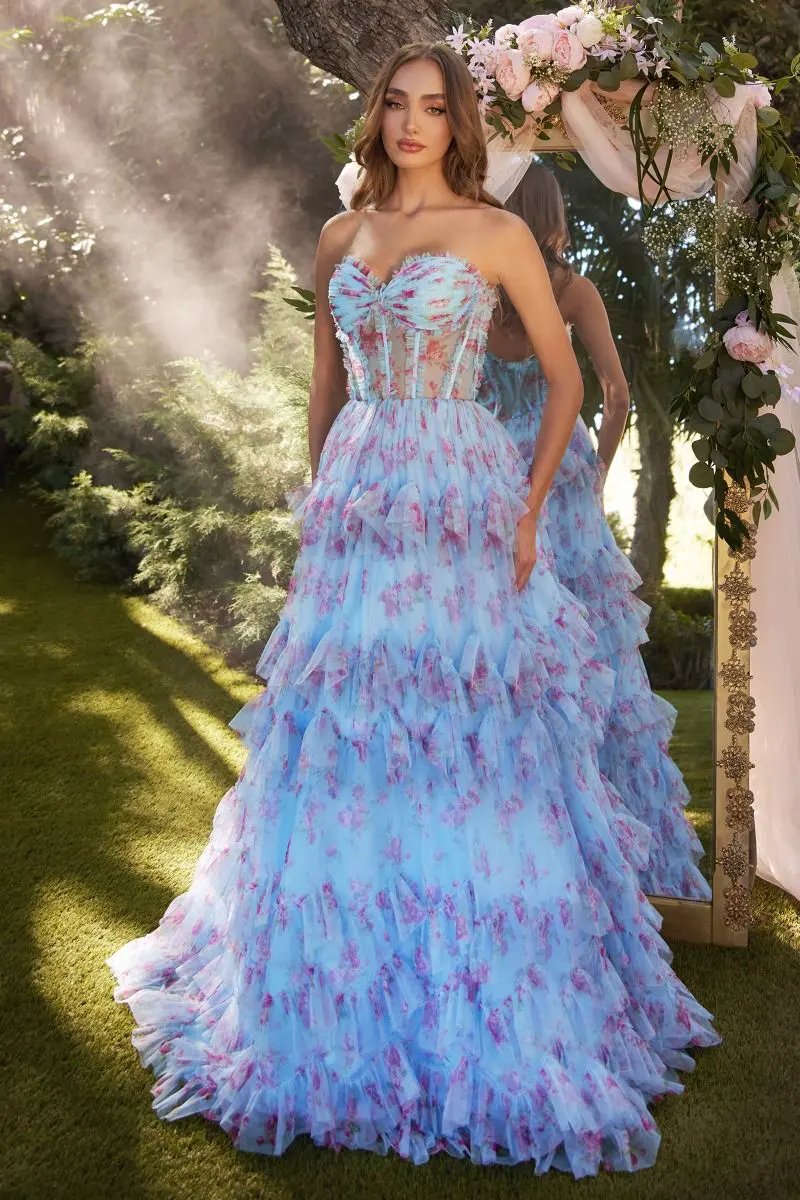 Floral Printed Strapless Dress by Tux-USA
