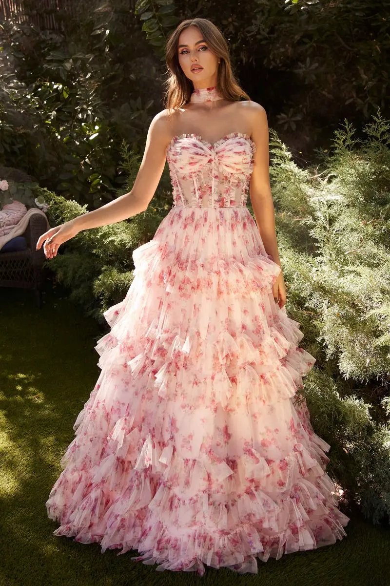 Floral Printed Strapless Dress by Tux-USA