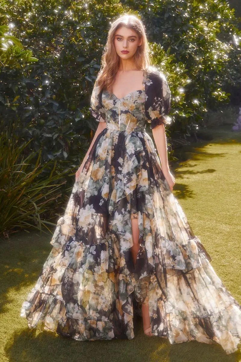 Floral Printed Ruffle Gown by Tux-USA