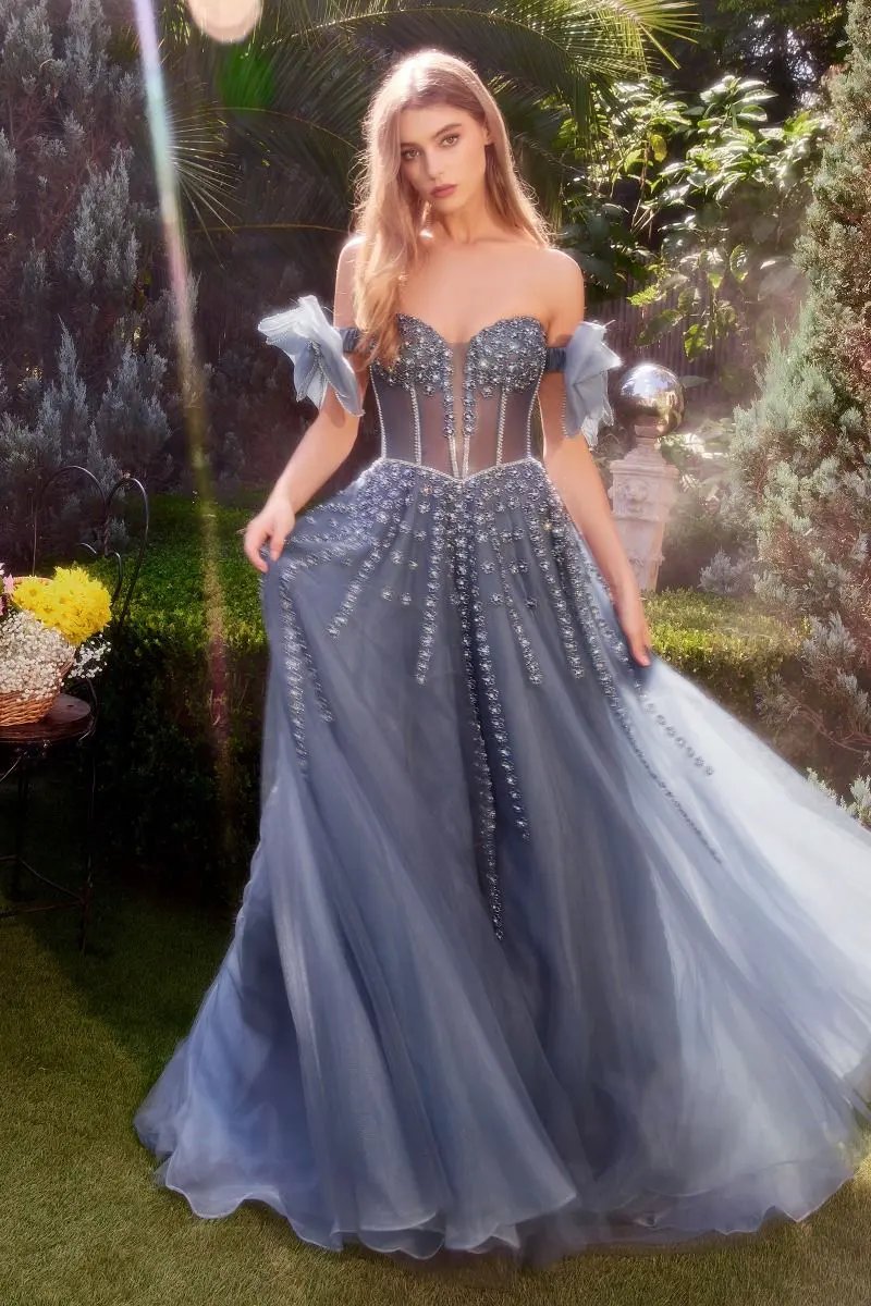 Strapless Beaded Gown With Bow Sleeve Accessories by Tux-USA