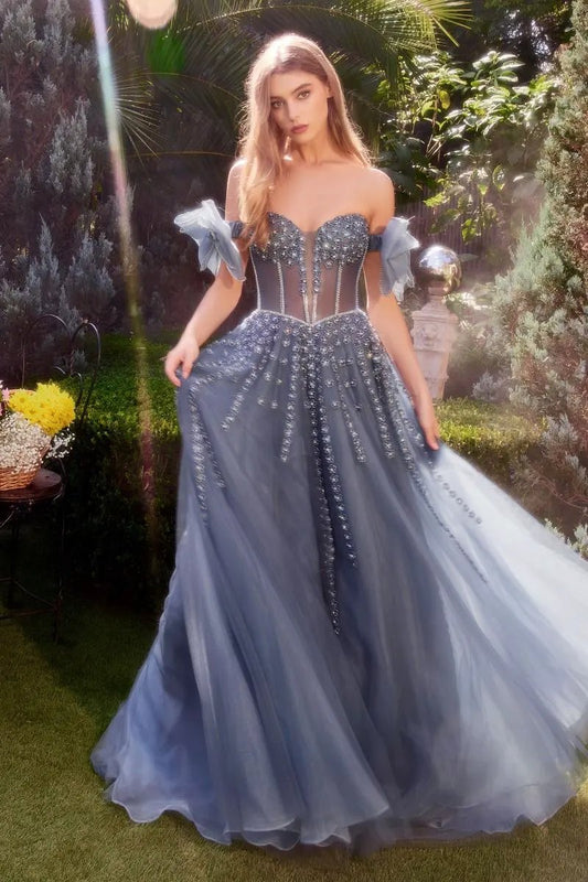Strapless Beaded Gown With Bow Sleeve Accessories by Tux-USA
