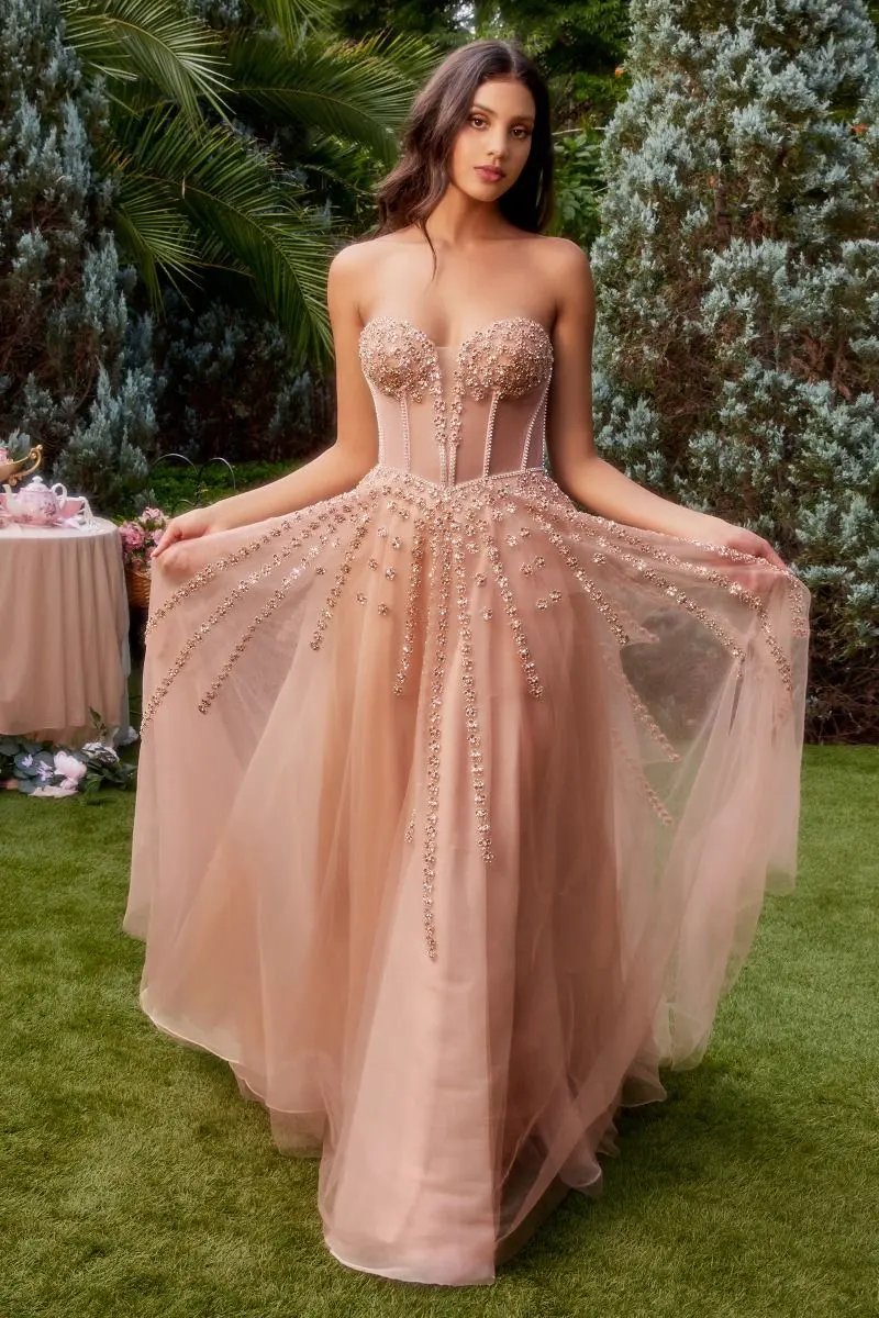 Strapless Beaded Gown With Bow Sleeve Accessories by Tux-USA