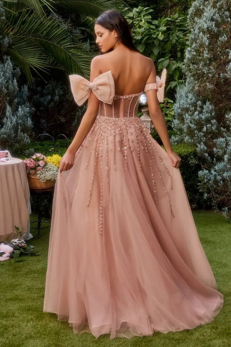 Strapless Beaded Gown With Bow Sleeve Accessories by Tux-USA