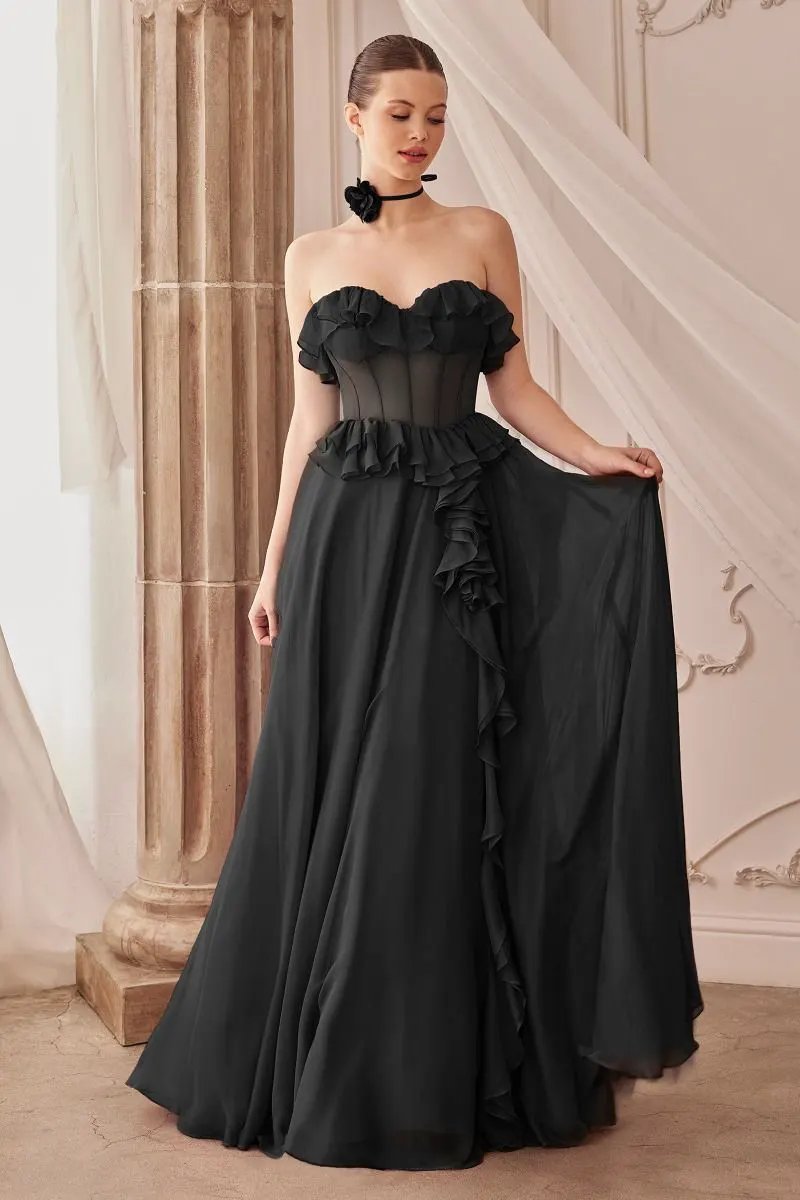 Strapless Chiffon Ruffle A-Line Dress by Tux-USA