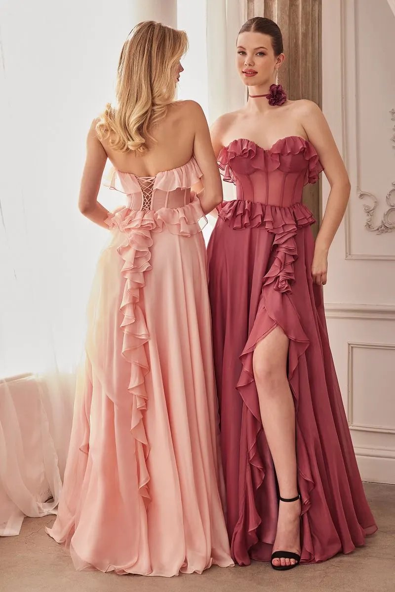 Strapless Chiffon Ruffle A-Line Dress by Tux-USA
