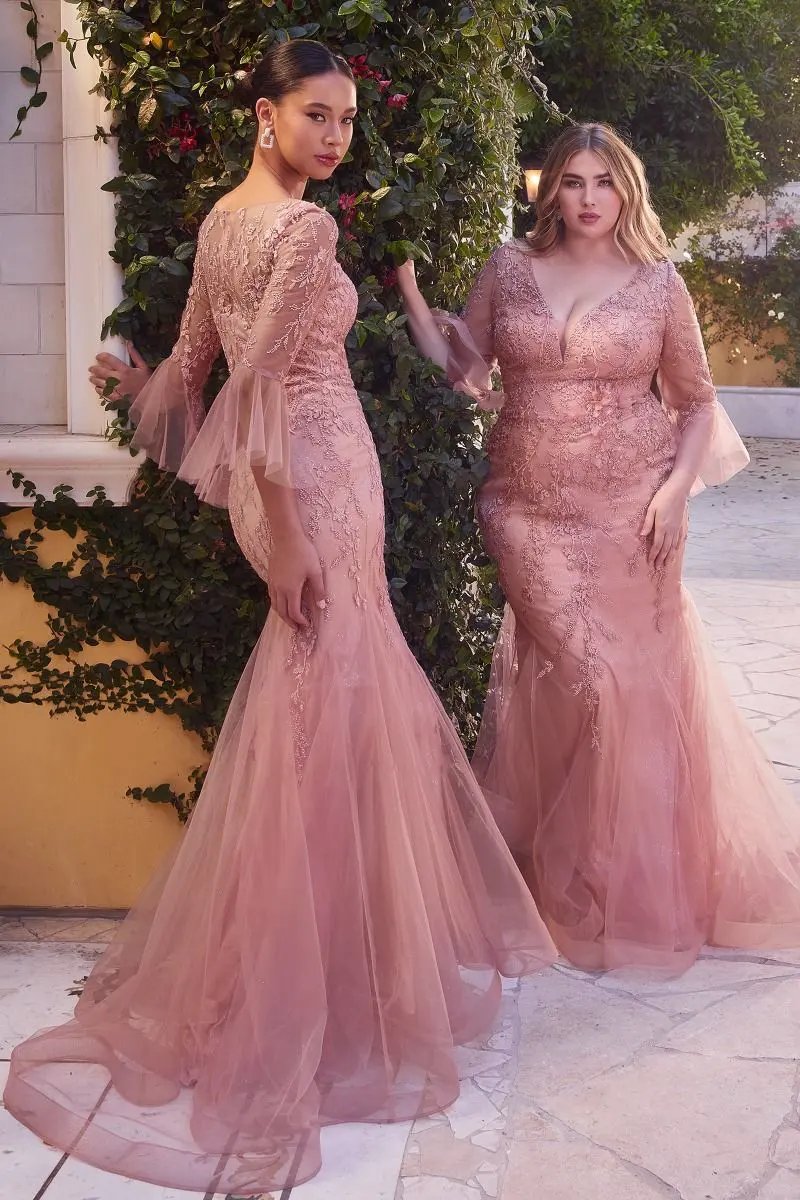 Fitted Lace Mermaid Gown With Trumpet Sleeve by Tux-USA