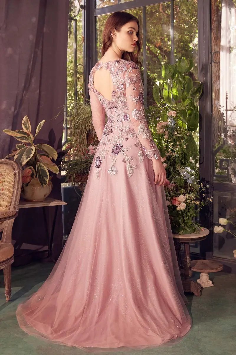 Mauve Long Sleeve Sequin Embellished A-Line Dress by Partner Label