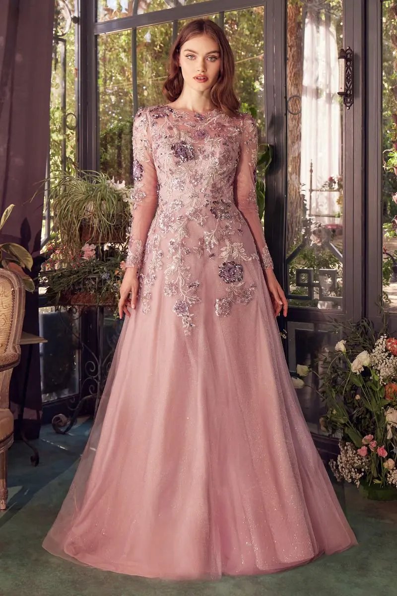 Mauve Long Sleeve Sequin Embellished A-Line Dress by Partner Label