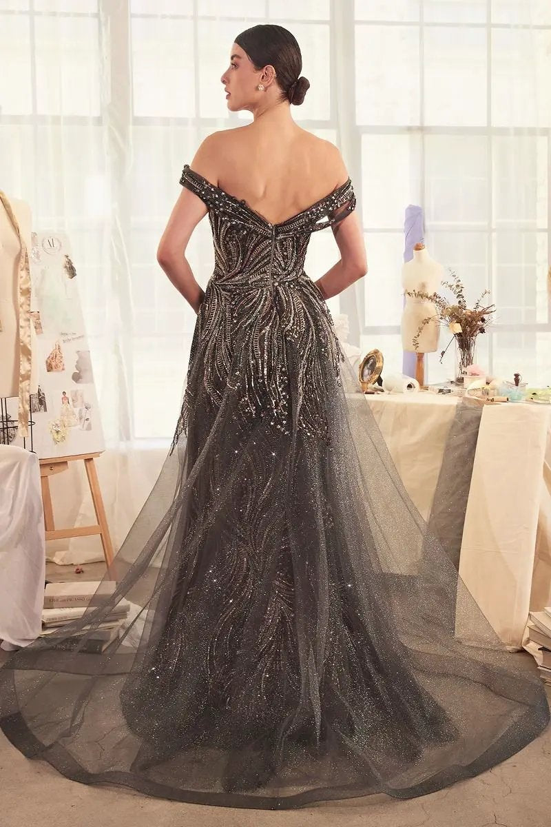 Off The Shoulder Beaded Gown & Overskirt by Partner Label
