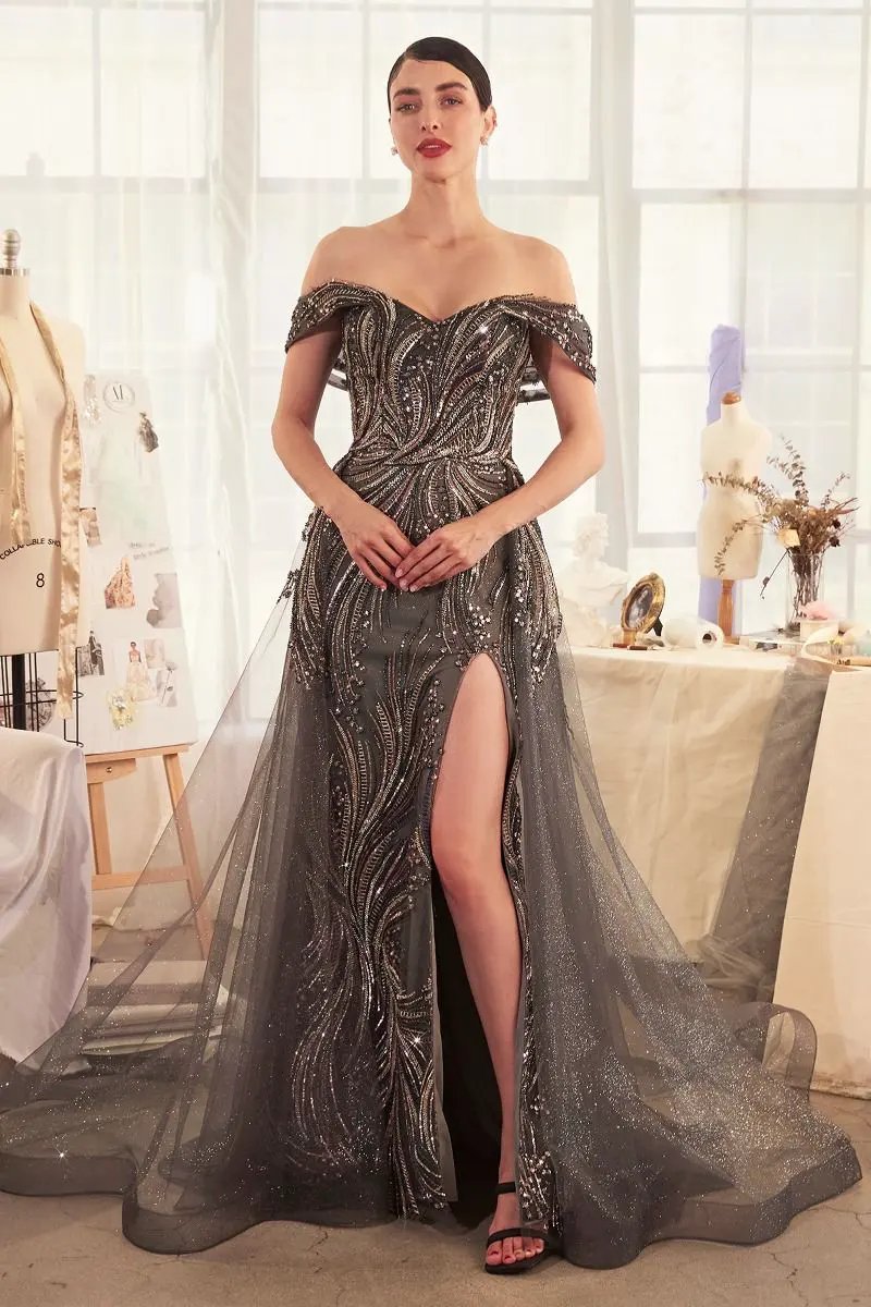 Off The Shoulder Beaded Gown & Overskirt by Partner Label