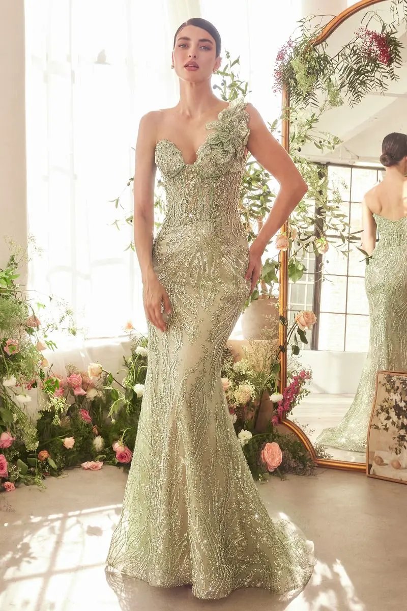 One Shoulder Fully Beaded Floral Motif Gown by Tux-USA