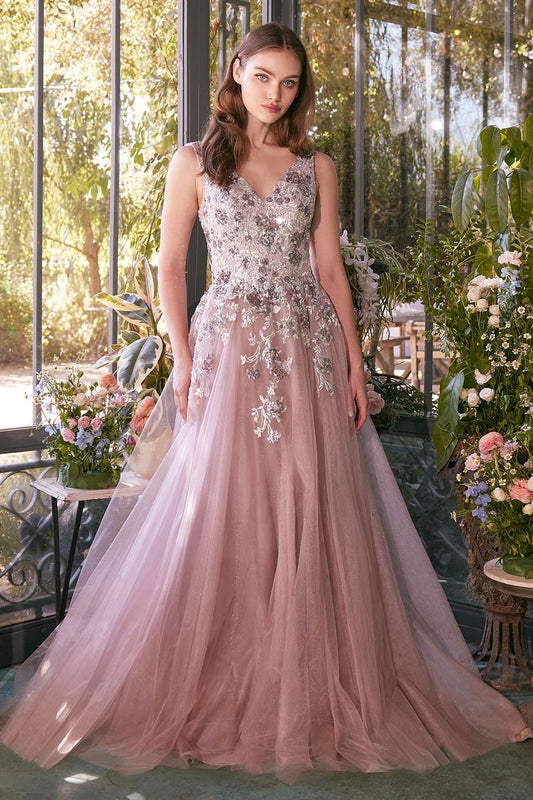 Sequin Bouquet V-Neck Gown-0