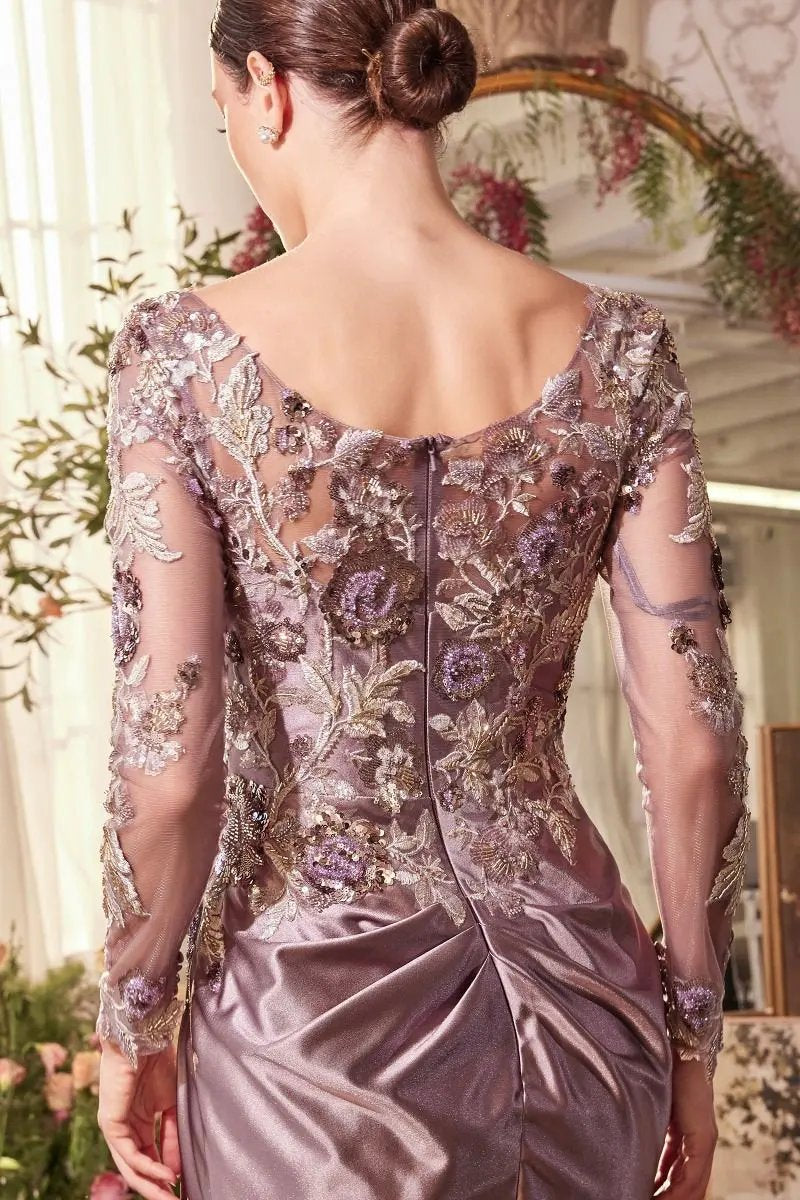 Illusion Long Sleeve Floral Sequin Evening Gown with Draped Satin Skirt by Tux-USA