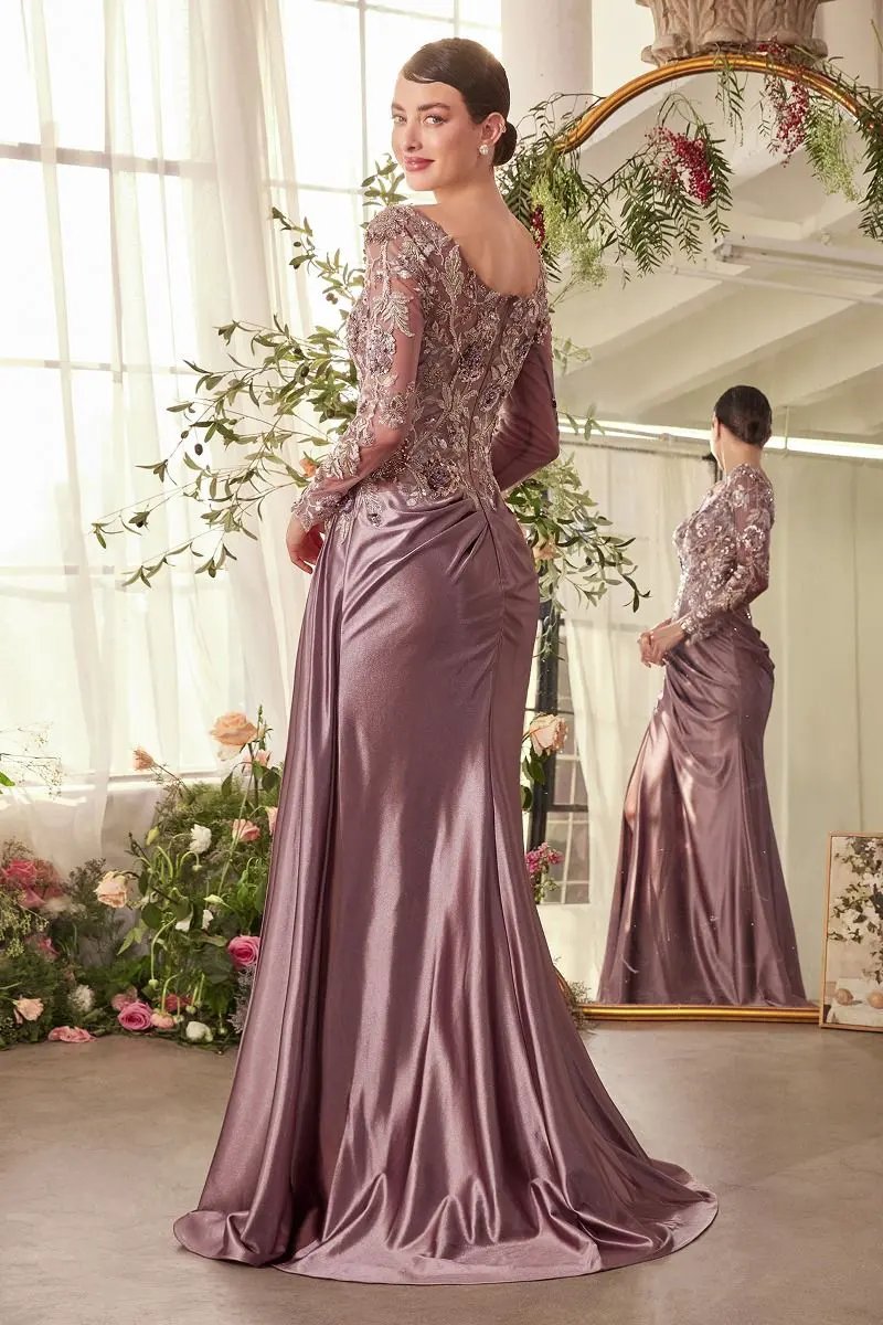 Illusion Long Sleeve Floral Sequin Evening Gown with Draped Satin Skirt by Tux-USA