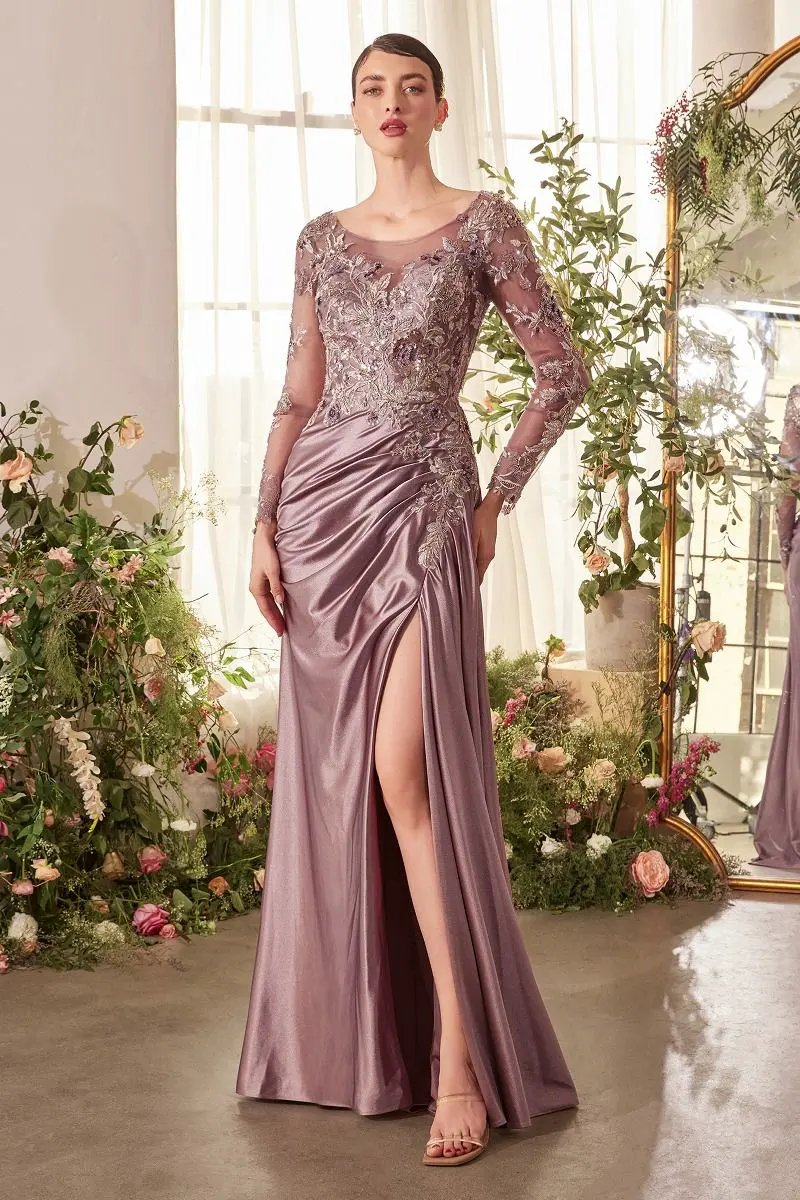 Illusion Long Sleeve Floral Sequin Evening Gown with Draped Satin Skirt by Tux-USA