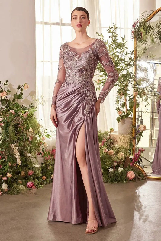 Illusion Long Sleeve Floral Sequin Evening Gown with Draped Satin Skirt by Tux-USA