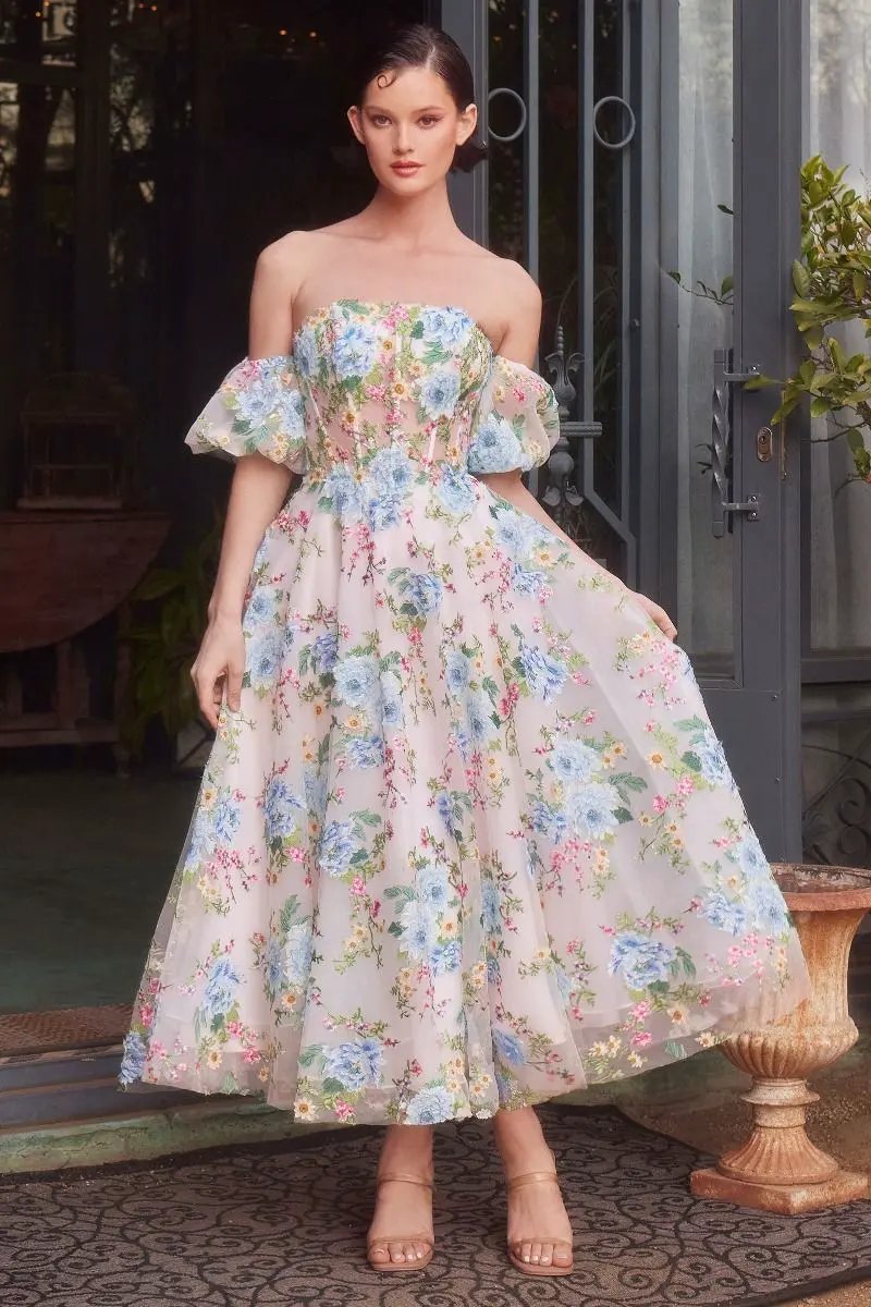 Floral Print Strapless Tea Length A-Line Dress by Tux-USA