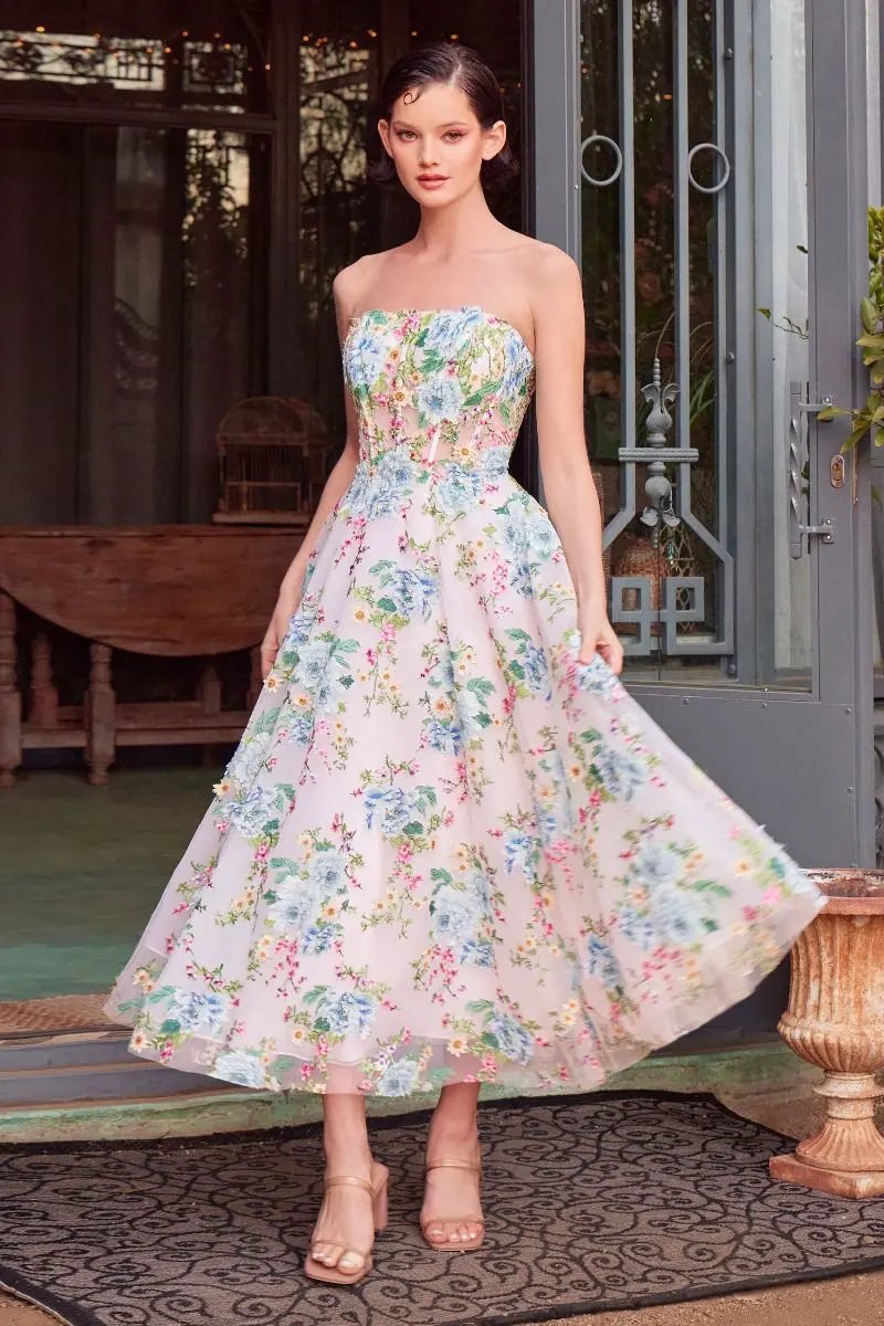 Floral Print Strapless Tea Length A-Line Dress by Tux-USA