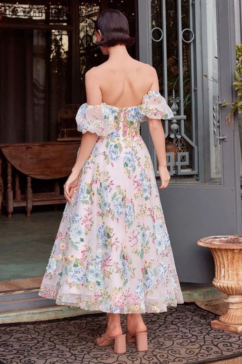 Floral Print Strapless Tea Length A-Line Dress by Tux-USA