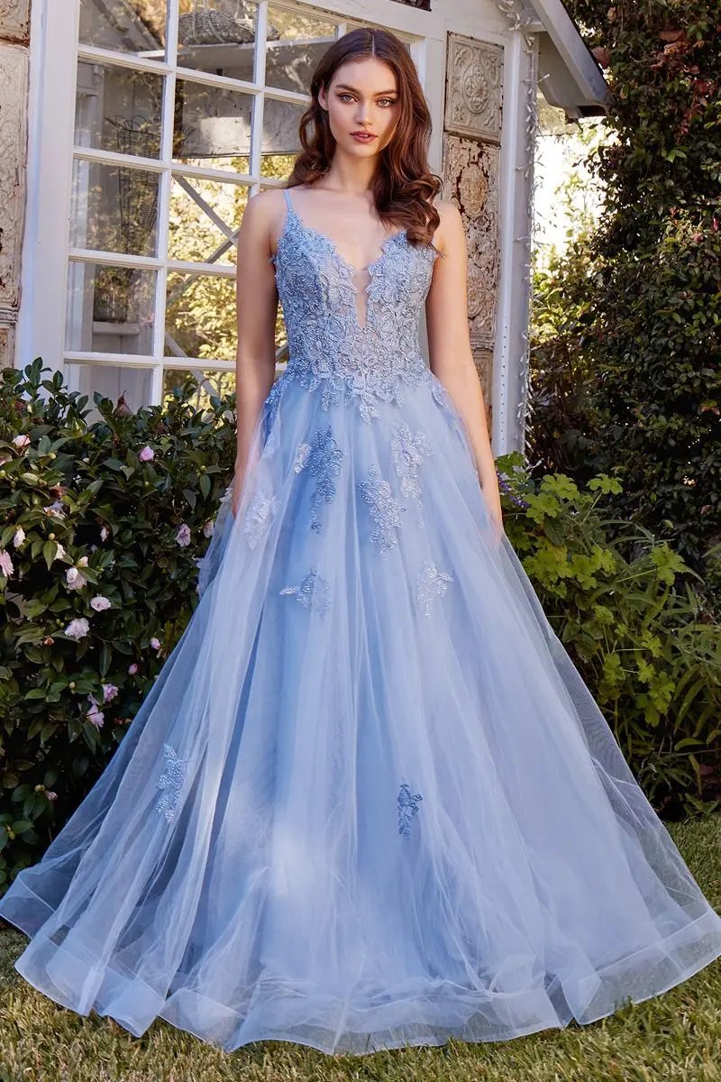Lace Appliqued A-Line Layered Tulle Gown by Tux-USA