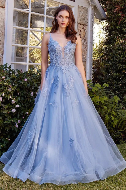 Lace Appliqued A-Line Layered Tulle Gown by Tux-USA