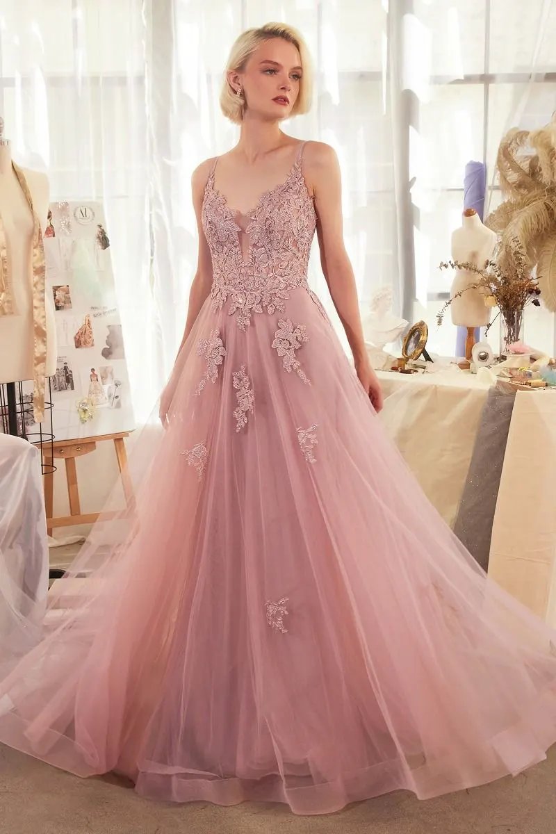 Lace Appliqued A-Line Layered Tulle Gown by Tux-USA