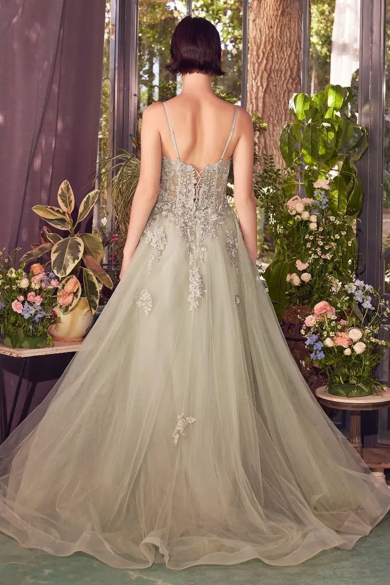 Lace Appliqued A-Line Layered Tulle Gown by Tux-USA