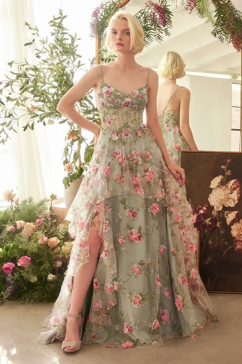 Sage Floral Print Layered A-Line Dress by Tux-USA