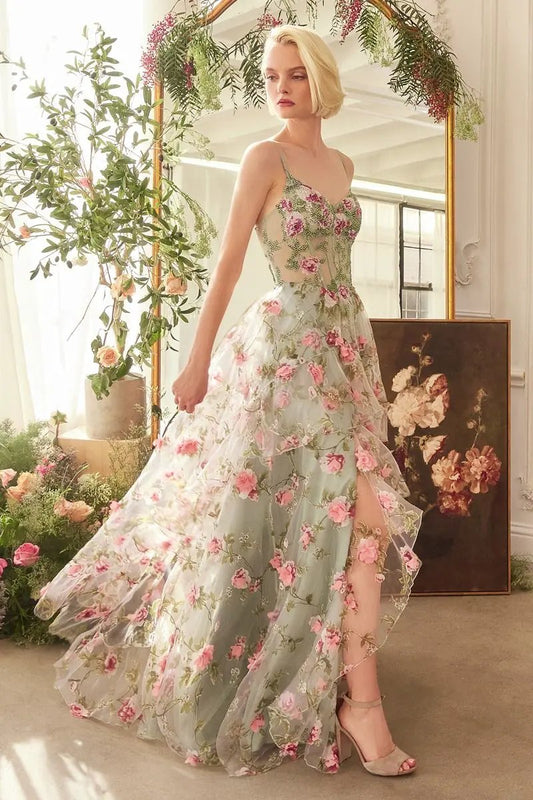 Sage Floral Print Layered A-Line Dress by Tux-USA