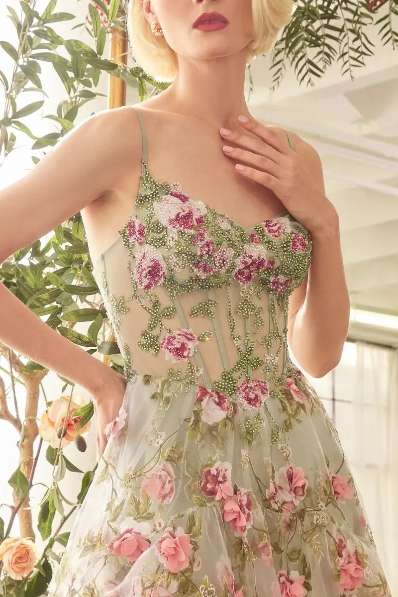 Sage Floral Print Layered A-Line Dress by Tux-USA