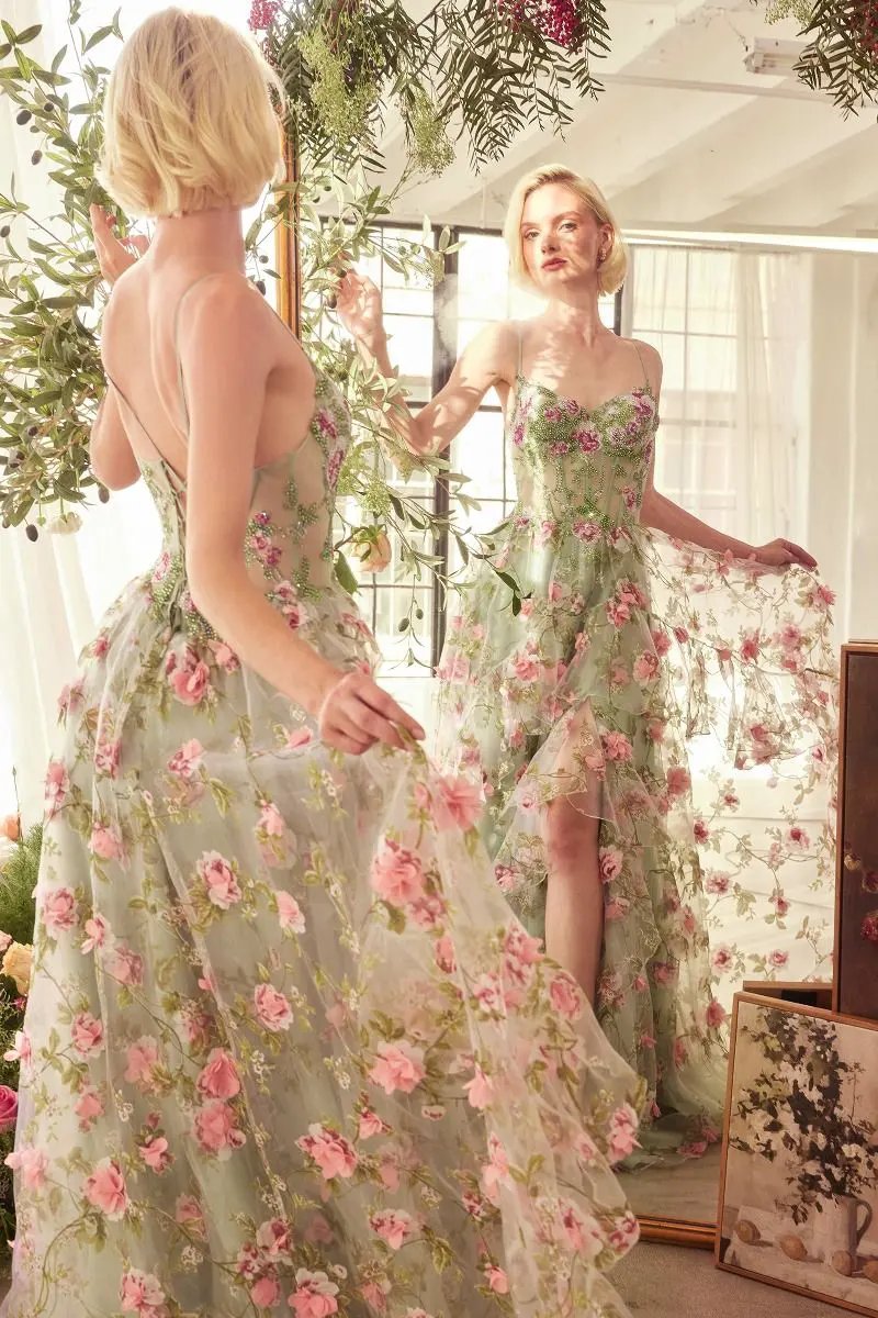 Sage Floral Print Layered A-Line Dress by Tux-USA