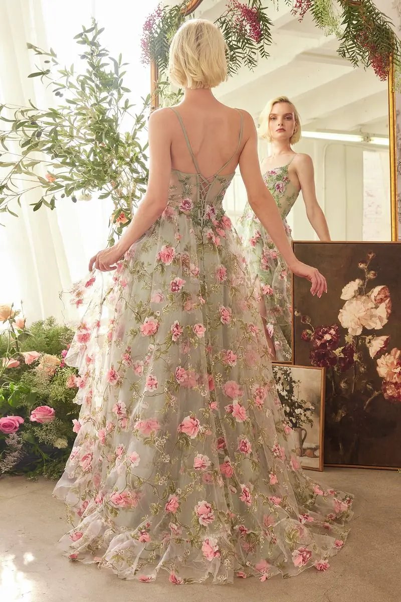 Sage Floral Print Layered A-Line Dress by Tux-USA