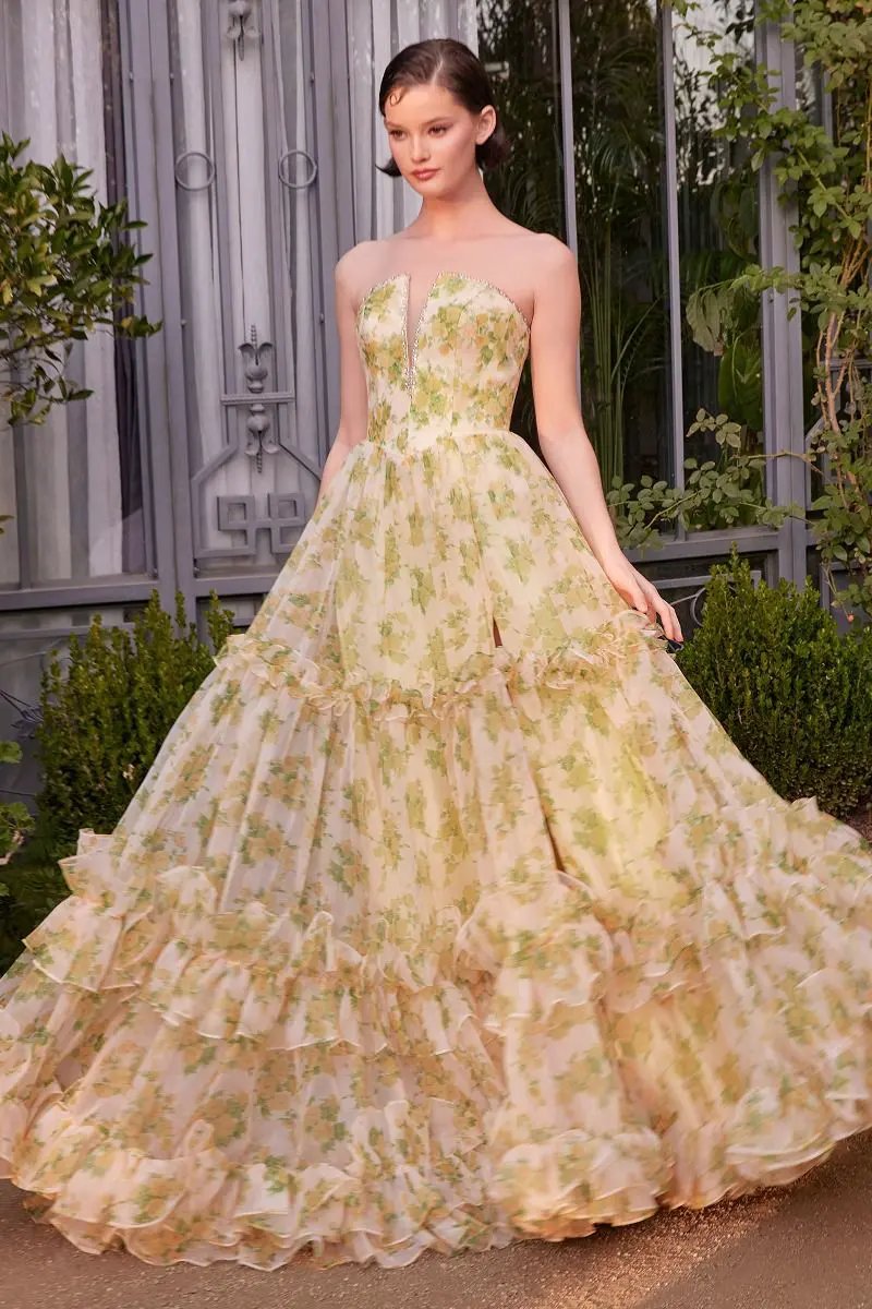 Strapless Floral Printed Ball Gown by Tux-USA