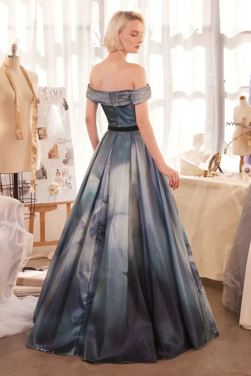Print Off The Shoulder Satin Ball Gown by Tux-USA
