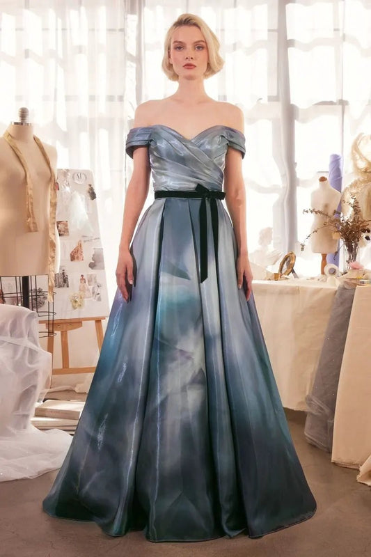 Print Off The Shoulder Satin Ball Gown by Tux-USA