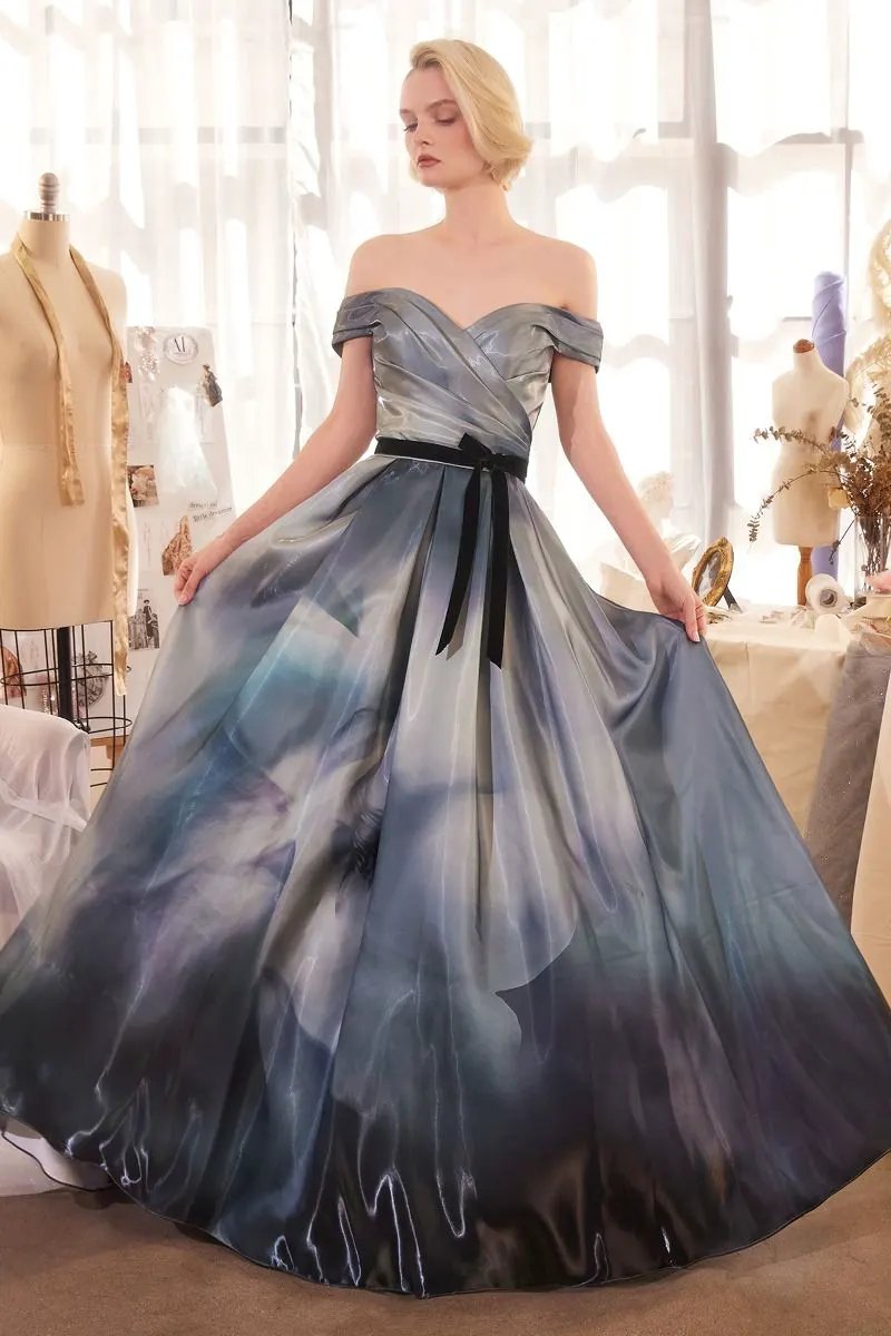 Print Off The Shoulder Satin Ball Gown by Tux-USA