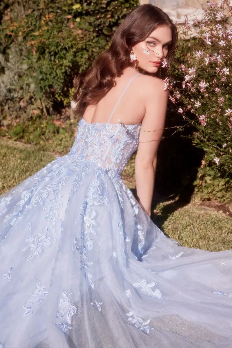 Light Blue Leaf Motif Appliqued A-Line Dress by Partner Label