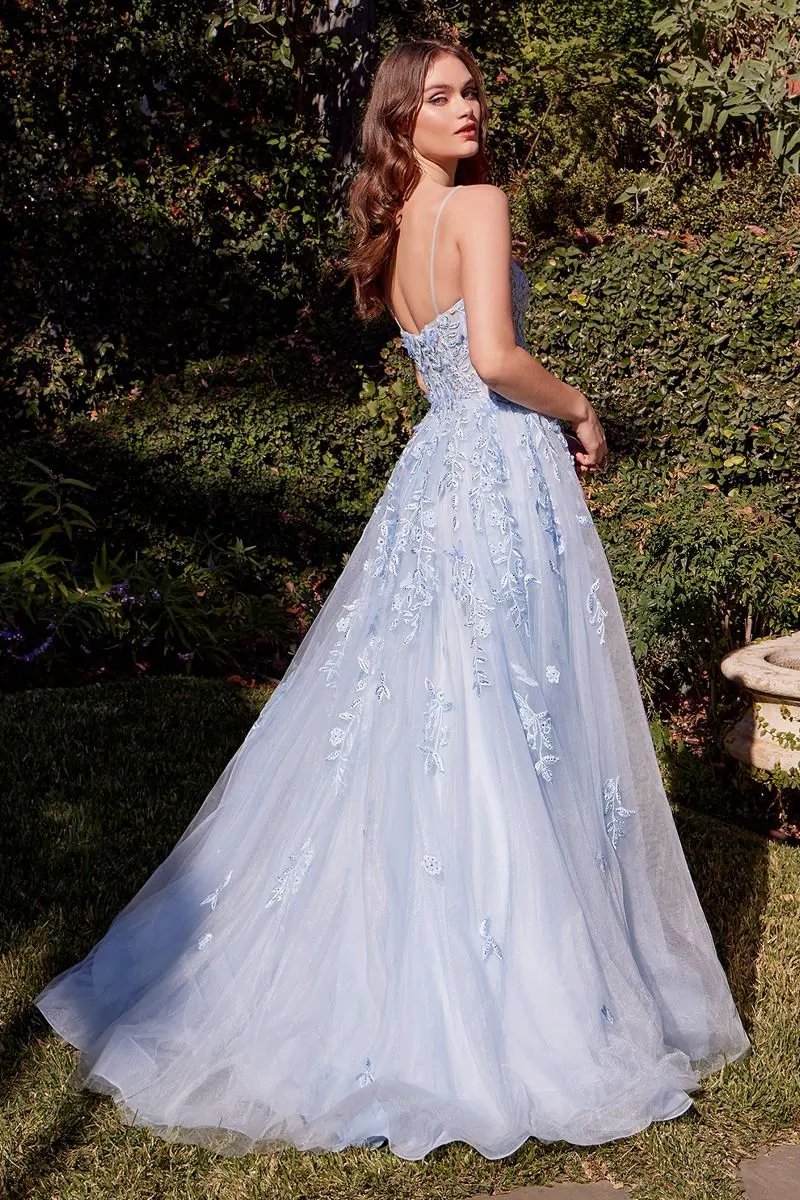 Light Blue Leaf Motif Appliqued A-Line Dress by Partner Label